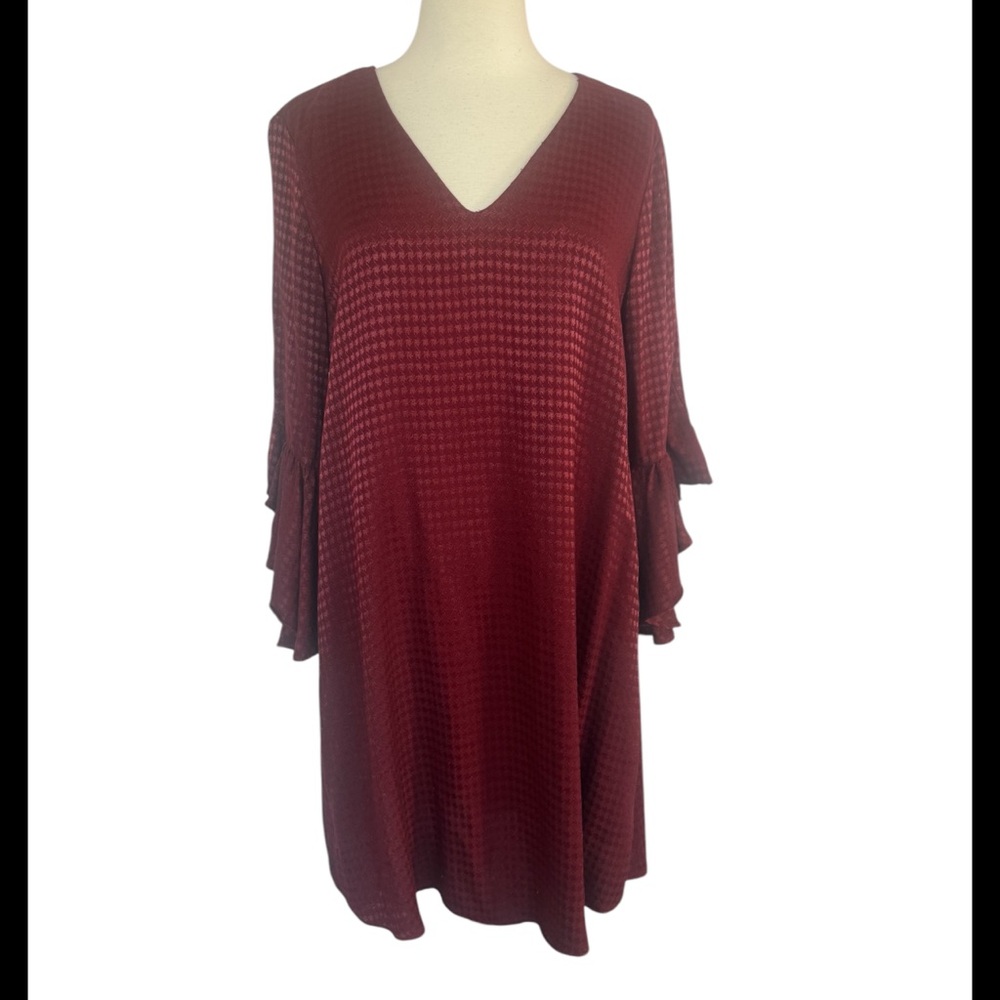 Calvin Klein Houndstooth Bell Flutter Flounce Sleeve Dress Burgundy Wine Sz 12